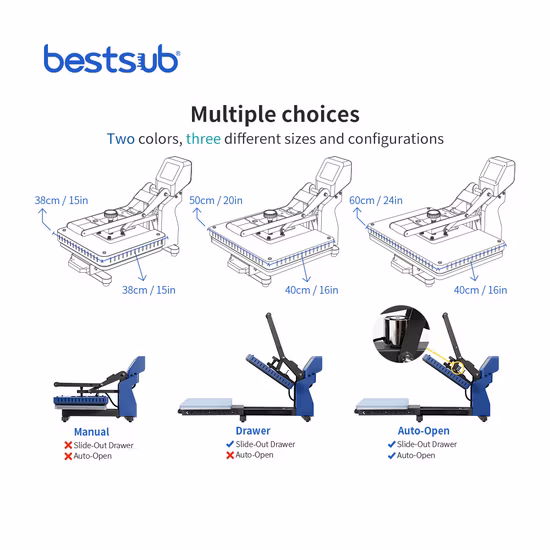 Bestsub 자동 서랍 평면 승화 전사 열 프레스 기계 (38x38cm, 세이셸 블루)